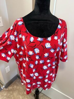 Talbots Plus Size Red Floral‎ Scoop Neck Jersey Knit Blouse Shirt Lightweight 1X